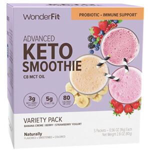 WonderFit by WonderSlim Keto Smoothie with C8 MCT Oil, Variety Pack, 1-3g Net Carbs, Gluten Free, Probiotic & Immune Support (5ct)