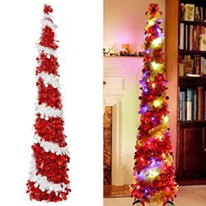 OurWarm 5ft Pop Up Tinsel Christmas Tree, Collapsible Artificial Christmas Tree with Lights 8 Modes Skinny Pencil Christmas Tree for Holiday Xmas Home Decoration (White & Red)