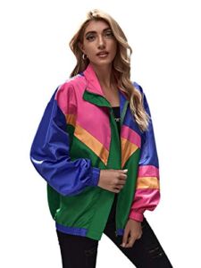 SweatyRocks Women’s Zip Up Color Block Lightweight Jacket Patchwork Sport Windbreaker Jacket Coat Outerwear Multicolored L