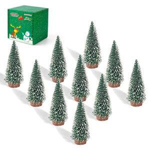 10PCS 4inch Mini Snow Frost Trees Mini Christmas Tree Plastic Winter Snow Ornaments Tabletop Trees for Holiday Party DIY Room Decor Home Table Top Christmas Decoration