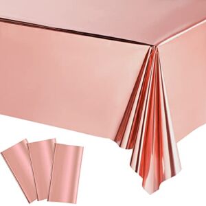 Foil Party Rectangular Table Covers Table Cloth 54 x 108 Inch Shiny Plastic Waterproof Tablecloth Party Table Cover for Wedding Anniversary Engagement Party (Rose Gold, 3 Pieces)