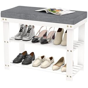 White Shoe Rack Bench for Entryway – Bench with Shoe Storage Front Door Shoe Bench with Cushion Upholstered Padded Seat 3 Tier Bamboo Shoe Holder for Indoor Entrance Hallway Bedroom Living Room Garage