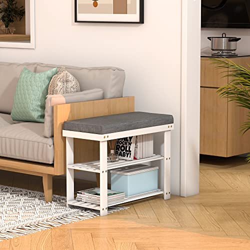 White Shoe Rack Bench for Entryway – Bench with Shoe Storage Front Door Shoe Bench with Cushion Upholstered Padded Seat 3 Tier Bamboo Shoe Holder for Indoor Entrance Hallway Bedroom Living Room Garage | The Storepaperoomates Retail Market - Fast Affordable Shopping