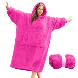 Lengthened Oversized Blanket Hoodie Wearable Blanket Sweatshirt Women – Hot Pink Hoodie Blanket Hooded Blanket Women and Men, Super Warm Blanket Sleeves and Giant Pocket