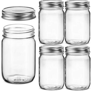 Glass Regular Mouth Mason Jars, Glass Jars with Silver Metal Airtight Lids for Meal Prep, Food Storage, Canning, Drinking, Overnight Oats, Jelly, Dry Food, Spices, Salads, Yogurt (5 Pack) (12 Ounce)