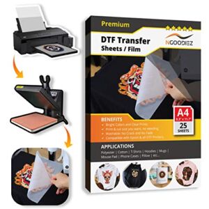 NGOODIEZ DTF Transfer Film Double-Sided Matte Clear DTF Transfer Paper PreTreat Sheets, PET Heat Transfer Paper Suited for All Modified Desktop DTF Printers – A4 (8.3″ x 11.7″), 25 DTF Film Sheets