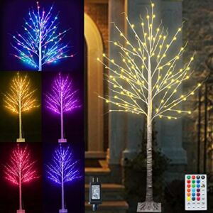 Pooqla 7 ft 150 LED Colorful Birch Tree, Color Changing Light Up Tree with Pink Purple Fairy Light Remote, Artificial Christmas White Birch Tree for Indoor Outdoor Holiday Party Home Yard Decoration
