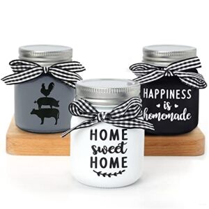 Farmhouse Mini Mason Jar Decorations for Tiered Tray Small Storage Jar with Lids for Home Kitchen Shelf Rustic Black White Farm Animal Home Sweet Happiness Homemade Housewarming Birthday Gift Set of 3