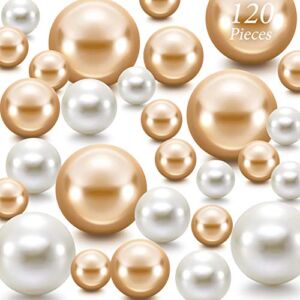 Hicarer 120 Pieces Floating Pearl for Vase Filler Pearl Bead Vase Centerpieces Bead for Brush Holder Assorted Round Faux Bead for Home Wedding Table Decor, 14/20/30 mm (Creamy White, Gold)
