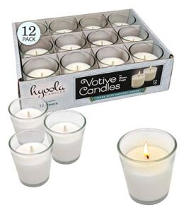 Hyoola White Votive Candles in Glass – Pack of 12 Votive Candle – 12 Hour Burn Time – Unscented Votive Candles – Glass Votives