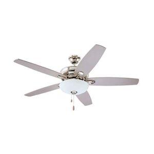 kathy ireland HOME Ashland LED Ceiling Fan with Light Kit | 52 Inch Fixture with 5 Blades, Removable Glass Shade, and Pull Chain | Low Profile Hugger with Dual Mount and Downrod, Polished Nickel