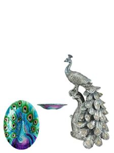 Comfy Hour Peacock Decor Collection 13-inch Blue Silvery Peacock Standing on Pillar Polyresin Figurine and Multicolored Peacock Glass Plate, Bundle of 2
