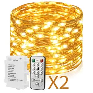 [2 Pack] 36ft 100 LED Battery Operated String Lights Timer on Waterproof String with Remote (8 Modes, Dim+-), Warm White, Koopower