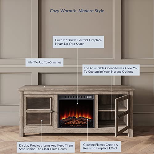 BELLEZE Modern 58 Inch Farmhouse TV Stand with 18 Inch Electric Fireplace & Media Entertainment Center Console Table for TV up to 65 Inch with Open Storage Shelves & Cabinets – Kenton (Ashland Pine) | The Storepaperoomates Retail Market - Fast Affordable Shopping
