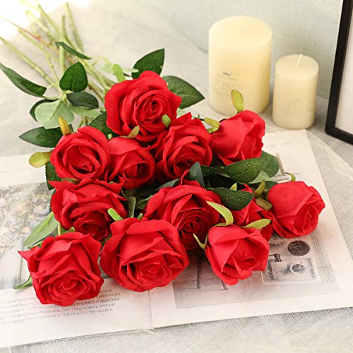 Hawesome 12PCS Artificial Silk Flowers Realistic Roses Bouquet Long Stem for Home Wedding Decoration Party (A-Red) | The Storepaperoomates Retail Market - Fast Affordable Shopping