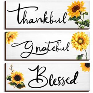 3 Pcs Sunflower Gifts Farmhouse Wall Decor Thankful Grateful Blessed Wooden Signs Lemon Hanging Wall Signs Rustic Sunflower Kitchen Decor for Farmhouse Outdoor Summer(White,Sunflower)