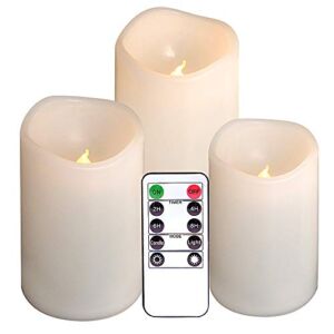 DRomance Outdoor Flameless Flickering Candles Waterproof and Heat Resistant, Warm Light Battery Operated LED Pillar Candles with Timer and Remote Set of 3(White, 3″ D x 4″ 5″ 6″ H)