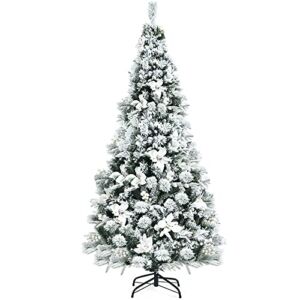 Goplus 6FT Snow Flocked Artificial Christmas Tree, Hinged Xmas Tree w/ Folding Metal Stand, White Berries & Poinsettia Flowers, Décor for Home, Office, Party, Wedding