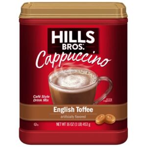 Hills Bros. Instant Cappuccino Mix, English Toffee Cappuccino Mix – Easy to Use and Convenient – Frothy, Decadent Cappuccino with a Buttery Toffee Flavor (16 Ounces, Pack of 1)