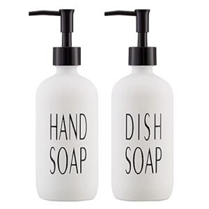 Onsogi 16 Oz White Glass Hand Soap and Dish Soap Dispenser Set with Black Plastic Pumps for Farmhouse Kitchen Counter Bathroom Decor and Organization – 2 Pack
