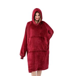 Sivio Blanket Sweatshirt, Plush Flannel Sherpa Wearable Blanket with Sleeves and Giant Pocket, Oversized Hoodie for Women and Men, Red