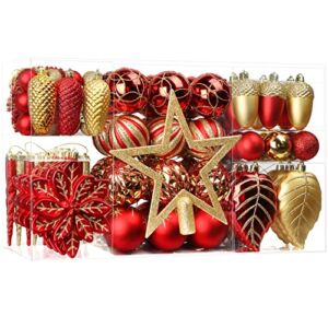 SHareconn 106pcs Christmas Balls Ornaments Set, Shatterproof Plastic Decorative Baubles for Xmas Tree Decor Holiday Wedding Party Decoration with Hooks Included, Red & Gold
