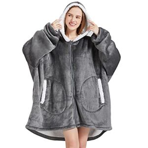 Wearable Blanket Hoodie with Zip for Women Men, Fuzzy Warm Sherpa Comfy Oversized Hoodie Blanket Plush Sweatshirt with Giant Pocket One Size Fits All-Dark Grey