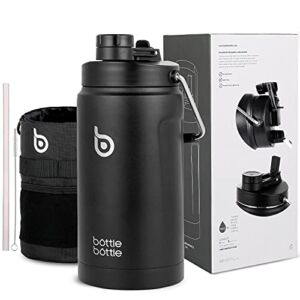 BOTTLE BOTTLE Insulated Water Bottle 64 oz with Straw and Dual-use Lid Half Gallon Water Jug Vacuum Stainless Steel for Workout and Sports Insulated Beer Growler with Handle（Black）