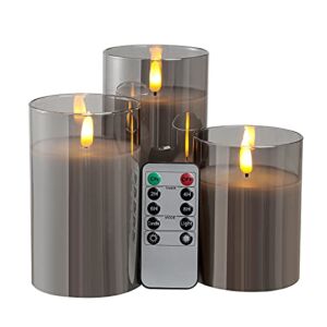 RSXCEOM Gray Glass Flickering Flameless Candles, Indoor Battery Operated LED Candles with 10-Key Remote Timers,Pillar Candles,Won’t Melt, Dancing Flame,D3 x H4 5″ 6″, Set of 3