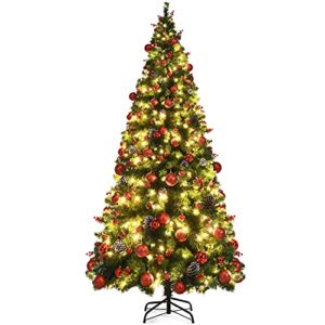 Goplus 7ft Pre-lit Artificial Christmas Tree, Hinged Fake Xmas Tree w/ 212 PCS Ornaments & 1178 PVC Tips, 350 LED Lights, Ideal for Indoor Festival Holiday Decoration