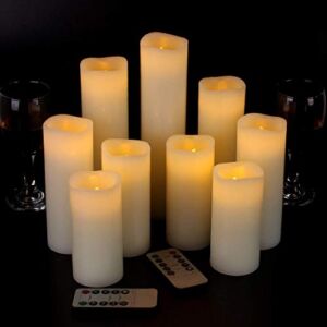 Flameless Candles Led Candles Set of 9(H 4″ 5″ 6″ 7″ 8″ 9″ xD 2.2″) Ivory Real Wax Battery Candles with Remote Timer (Batteries not Included) Ivory, Set of 9