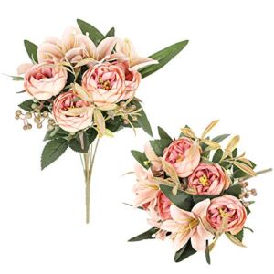 Luyue 2 Pack Artificial Peonies Flowers Arrangements Vintage Peony Lily Flower Bouquets Faux Floral Decoration for Home Office Party Cemetery Decor-Vintage Light Pink
