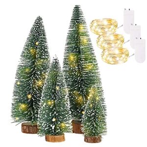 AOLIGO Artificial Mini Christmas Tree with Led Light, 4 Pcs Small Pine Tree with Wooden Bases Tabletop Decor for Xmas Holiday Party Home Decor Winter Crafts Ornaments