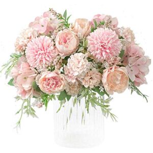 KIRIFLY Artificial Flowers, Fake Peony Silk Hydrangea Bouquet Decor Plastic Carnations Realistic Flower Arrangements Wedding Decoration Table Centerpieces 2 Packs (Light Pink)