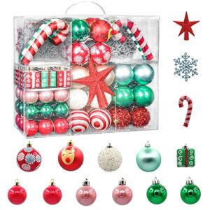 91pcs Red Green White Candy Large Ornaments for Christmas Tree Shatterproof Shiny, Matte, Glitter Christmas Tree Decorations Balls with Hanging Loop for Holiday, Wedding, Party Decors
