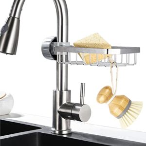 LONIN Sponge Holder Over Faucet Kitchen Sink Caddy Organizer, Stainless Steel Detachable Hanging Faucet Drain Rack for Bathroom, Scrubbers, Soap, Chrome