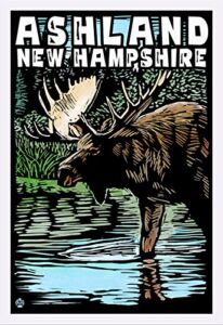 Ashland, New Hampshire, Moose, Scratchboard 81941 (24×36 Giclee Art Print, Gallery Framed, White Wood)