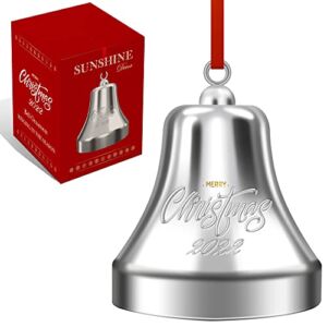 Sunshine Bell Ornaments for Christmas Tree – Engraved Christmas Ornaments 2022, Silver Bell Ornament with Red Tie Hanging Ribbon and Gift Box… (1 Bell)