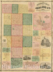 Historic 1861 Wall Map – Nunan’s map of Ashland Co, Ohio : Showing The Sections, Farms, Lots, Villages 44in x 60in