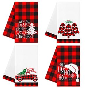 Ruisita 4 Pack Merry Christmas Kitchen Towels 28 x 18 Inch Red and Black Buffalo Plaid Christmas Tree Snowflake Oversized Decorative Dish Towels for Quick Drying Cooking Party Decor