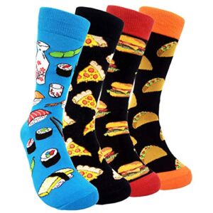 HSELL Mens Funny Food Pattern Dress Socks – Fun Novelty Sushi Cheese Burger Taco Crazy Design Fancy Sock Combed Cotton Funky Gift for Men (4 Pairs – Burger/Sushi/Cheese/Taco)
