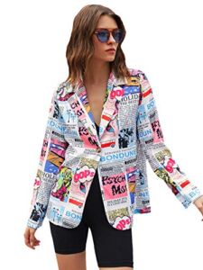 SheIn Women’s Pop & Art Print Lapel Neck Jacket Long Sleeve Button Front Blazer Multicoloured L