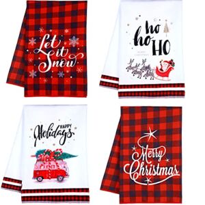 Christmas Dish Towels 4 Pieces 18x 28 Inch Christmas Kitchen Hand Towels Buffalo Plaid Absorbent Soft Christmas Tea Towels Farmhouse Christmas Kitchen Towels Winter Holiday Kitchen Christmas Towels