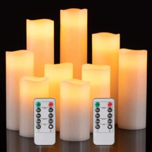 Baleid Flameless Candles Battery Operated 4″ 5″ 6″ 7″ 8″ 9″ Set of 9 Ivory White Real Wax Pillar LED Candles with 10-Key Remote Control Adjustable Brightness, Cycling 24 Hours Timer (2.2 inch,9 Pack)