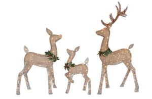 Winter Wonder 3 Piece Holiday Light Up Glittering Deer Family Set – Christmas Lighted Reindeer Indoor/Outdoor 62″ Buck, 38″ Doe, and 28″ Fawn w Pine and Berry Collar 175 Clear LED Lights