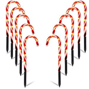 Biswing Christmas Outdoor Candy Cane Lights, 10 Pcs Christmas Pathway Markers with 60 Count Warm White Lights, Connectable for Indoor Outdoor Holiday Walkway Patio Garden Christmas Ornament