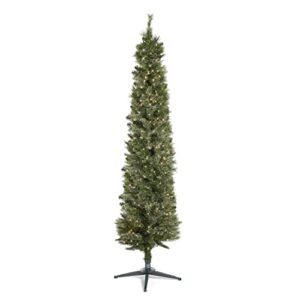 Home Heritage Stanley 7 Foot Pencil Pine Artificial Christmas Tree Prelit with 350 White Incandescent Lights, 335 PVC Foliage Tips, Metal Stand, Green