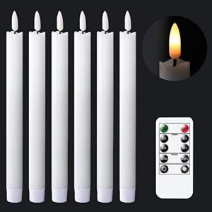 GenSwin Flameless White Taper Candles Flickering with 10-Key Remote, Battery Operated Led Warm 3D Wick Light Window Candles Real Wax Pack of 6, Christmas Home Wedding Decor(0.78 X 9.64 Inch)