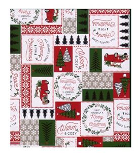 Winter Wonder Lane Vinyl Tablecloth with Flannel Backing, PVC Free PEVA, Christmas Patchwork Print with Holiday Trees, Trucks, Snowflakes, Seasonal Words, Reusable Table Cover (60 Round)