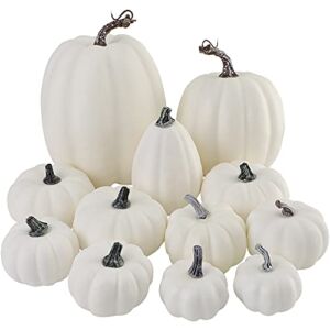 Artmag Package of 12 Pcs Assorted Sizes Artificial White Pumpkins Large Faux Harvest Pumpkins for Fall Thanksgiving Halloween Seasonal Holiday Decor Decoration